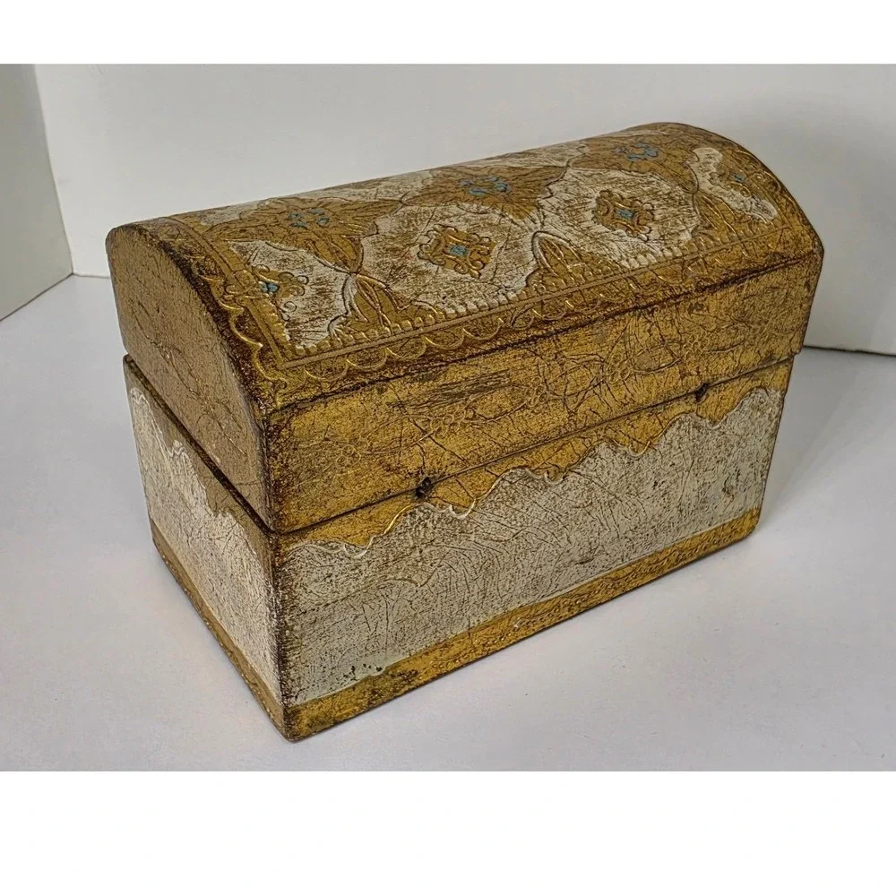Vintage Florentine Italian Gilt Wood Jewelry Box Gold Leaf Domed Trinket Chest